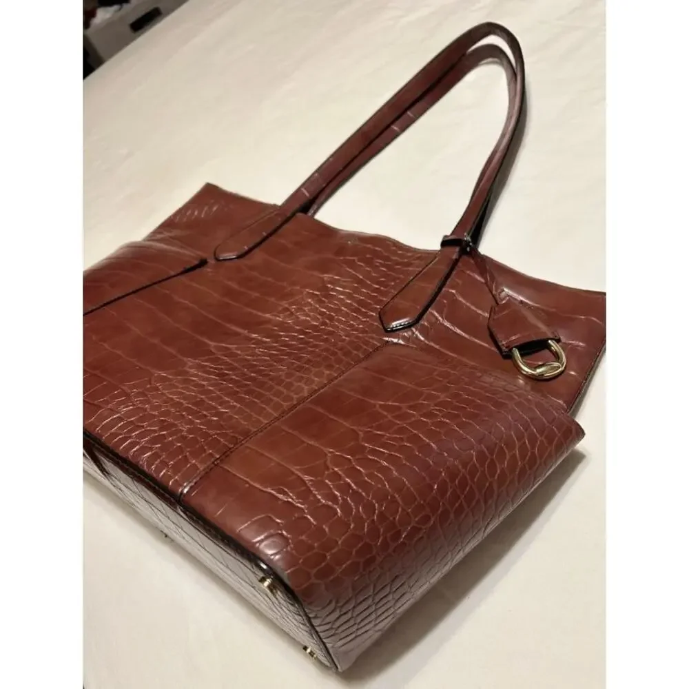 ANTONIO Melani Brown Croc Embossed TOTE Gold Buckle Womens HANDBAG